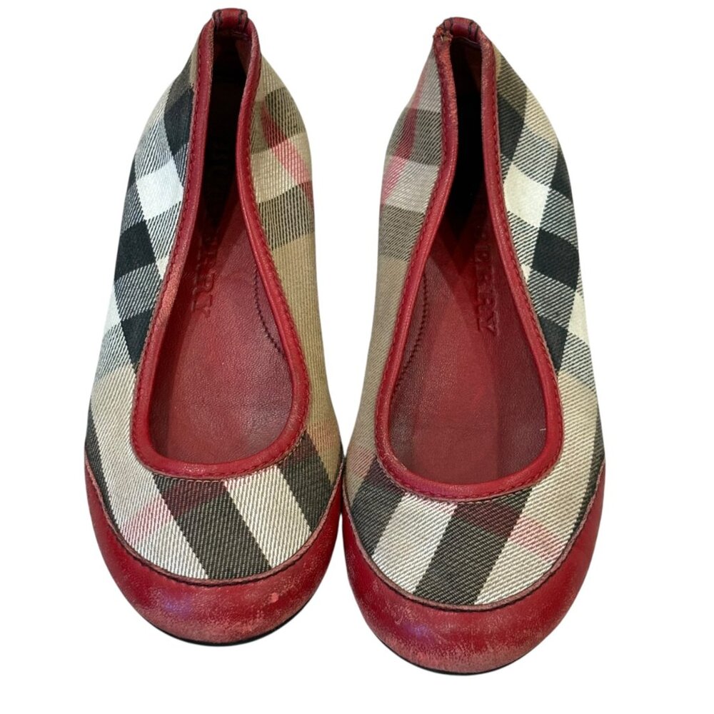 Burberry Girls Ballerina Kids Checkered Canvas & Leather Flats Size 1-1.5 (32)
